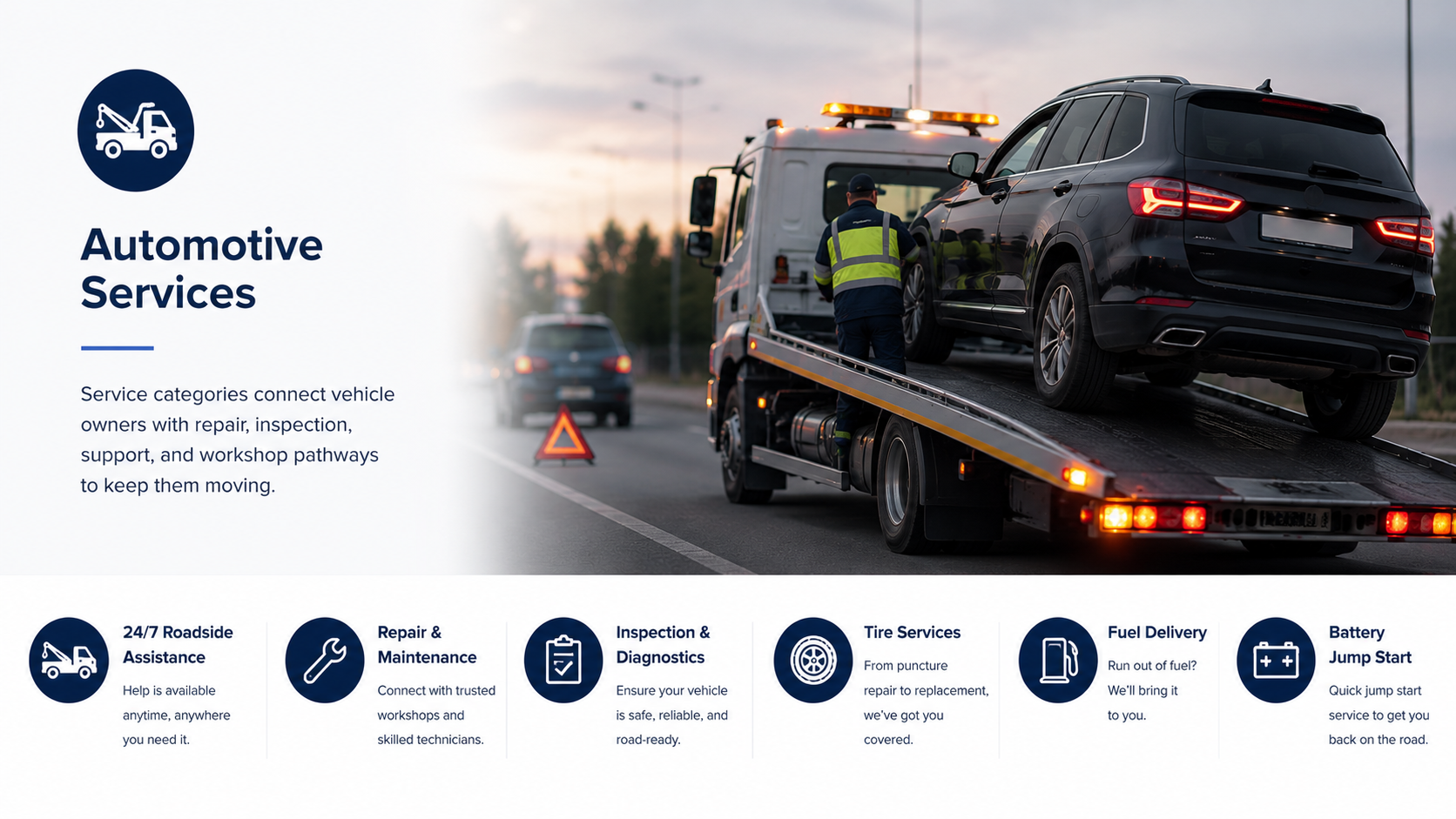 Automotive services, towing, diagnostics, tire support, fuel delivery, and battery support in Iraq
